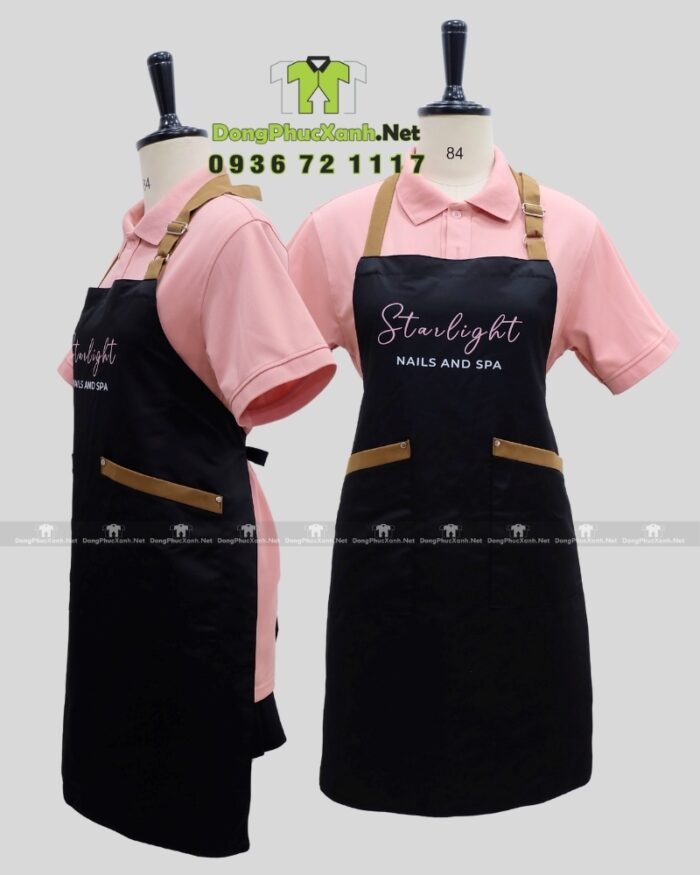 Tạp dề nail dành cho nhân viên màu đen chất liệu vải micro, in logo Starlight - Nails and Spa