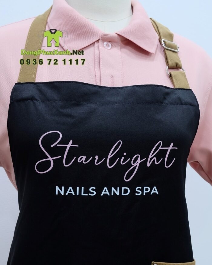 Tạp dề nail dành cho nhân viên màu đen chất liệu vải micro, in logo Starlight - Nails and Spa