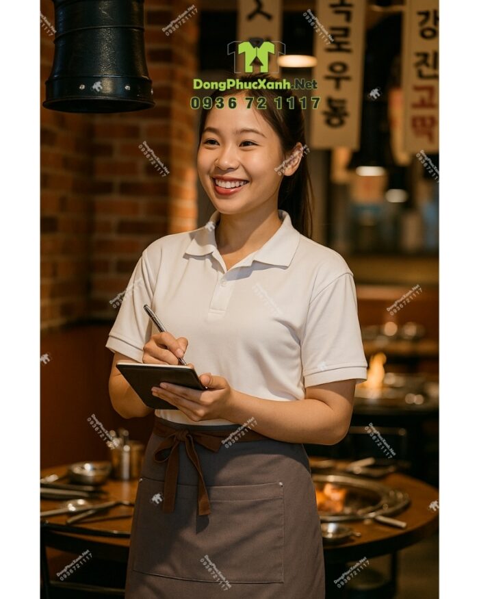 Tạp dề ngắn nhân viên phục vụ nhà hàng thiết kế sang trọng, in logo thương hiệu theo yêu cầu.