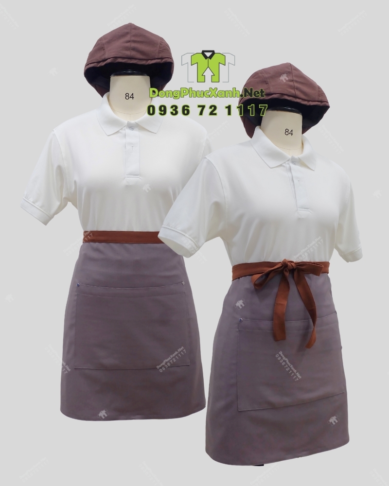 Tạp dề ngắn nhân viên phục vụ nhà hàng in logo thương hiệu theo yêu cầu.(5) Tạp dề ngắn nhân viên phục vụ nhà hàng thiết kế sang trọng, in logo thương hiệu theo yêu cầu.
