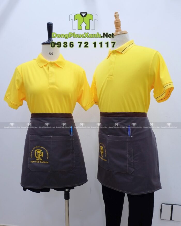 Tạp dề ngắn đồng phục màu xám dành cho nhân viên, in logo Vạn Huệ Garden.