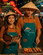 Tạp dề màu xanh lý dành cho nhân viên quán ăn đường phố, in logo Bùi Viện Street Food.