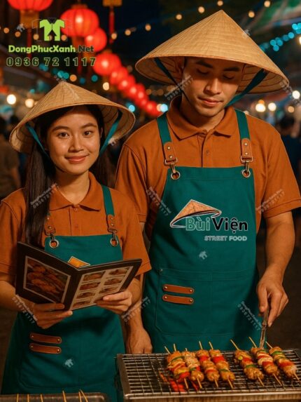 Tạp dề màu xanh lý dành cho nhân viên quán ăn đường phố, in logo Bùi Viện Street Food.