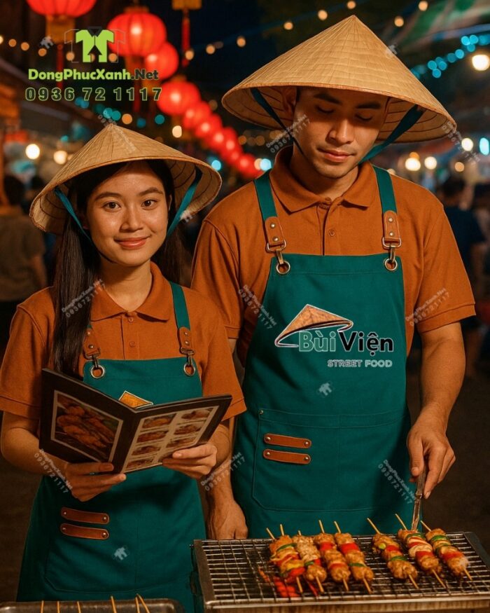 Tạp dề màu xanh lý dành cho nhân viên quán ăn đường phố, in logo Bùi Viện Street Food.