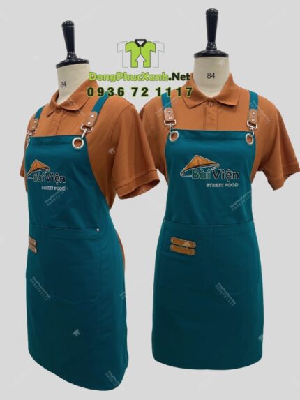 Tạp dề màu xanh lý dành cho nhân viên quán ăn đường phố, in logo Bùi Viện Street Food.