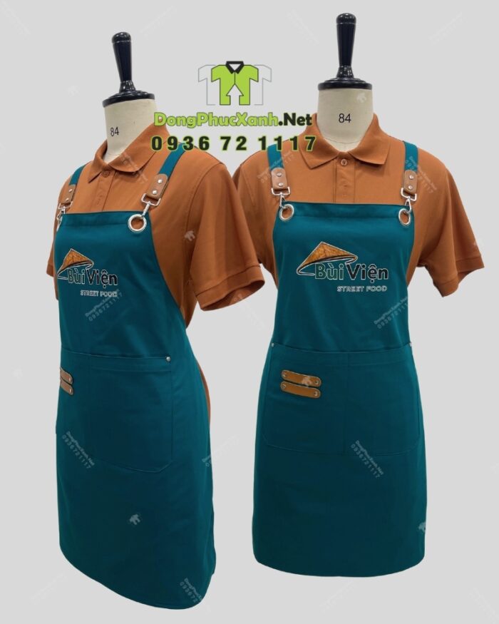 Tạp dề màu xanh lý dành cho nhân viên quán ăn đường phố, in logo Bùi Viện Street Food.