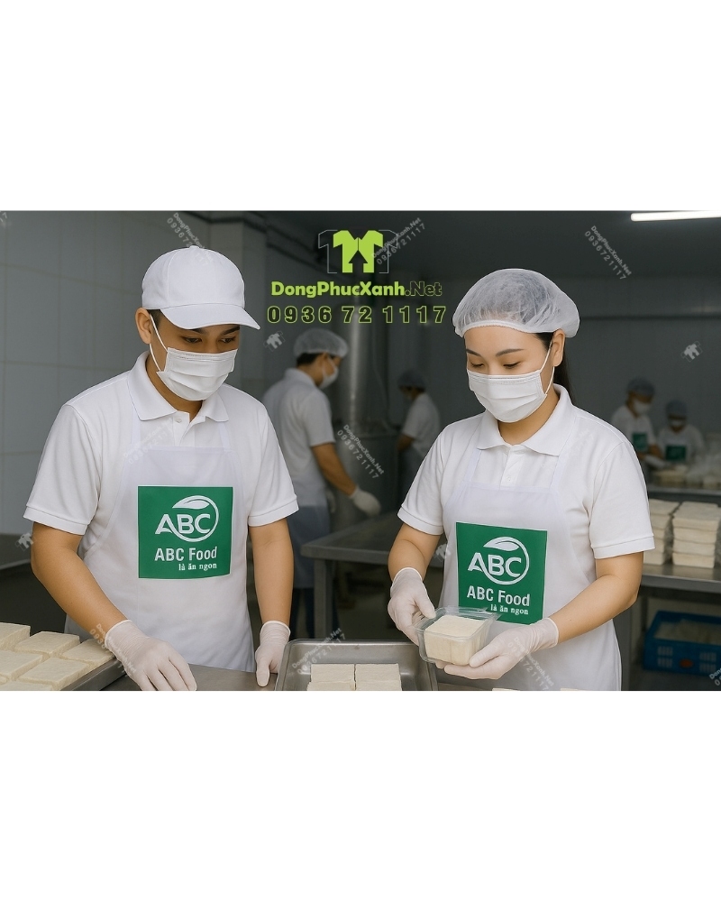 Tạp dề nhựa PVC ABC Food chống thấm nước Tạp dề PVC trong suốt in logo ABC Food dùng trong ngành thực phẩm.