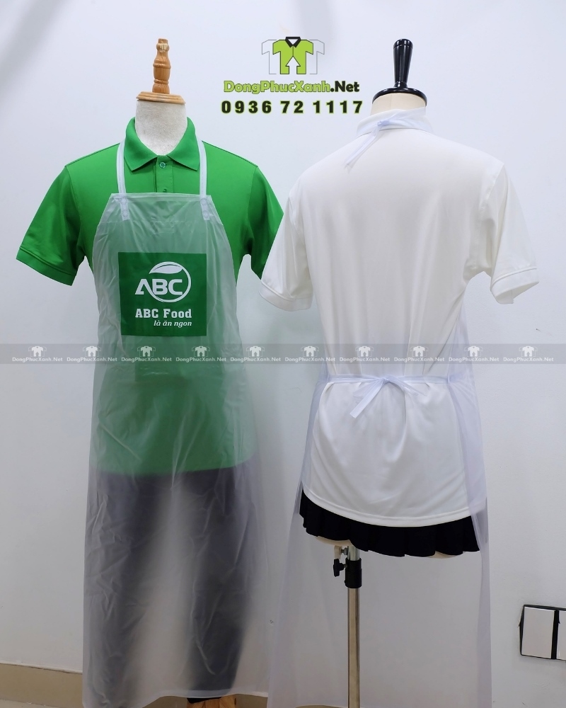 Tạp dề nhựa PVC ABC Food chống thấm nước Tạp dề PVC trong suốt in logo ABC Food dùng trong ngành thực phẩm.