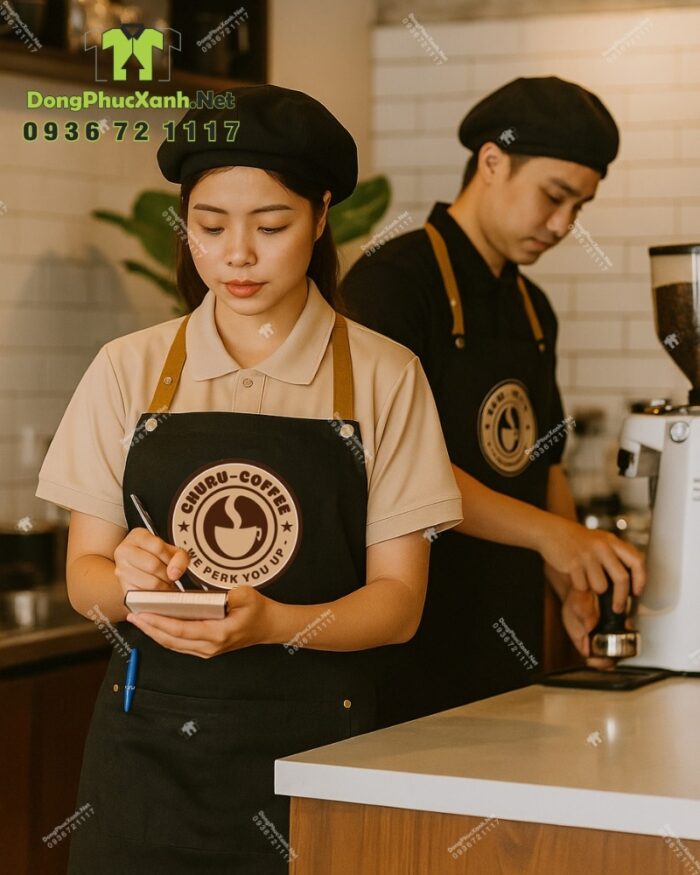 Tạp dề đồng phục quán cà phê màu xanh đen, in logo Churu Coffee.