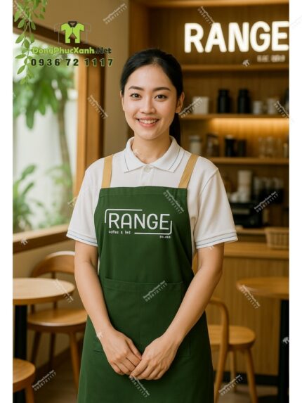 Tạp dề nhân viên quán cà phê màu xanh rêu gần gũi, in logo Range