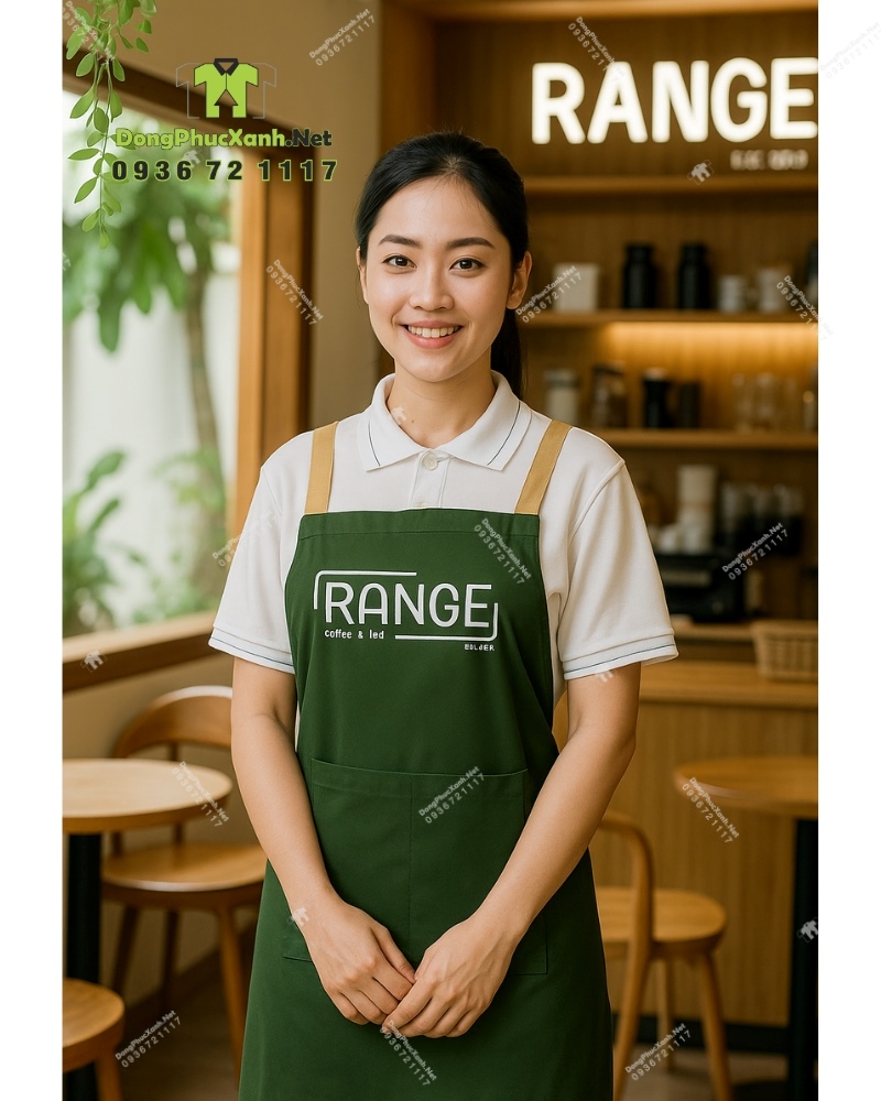Tạp dề nhân viên quán cà phê in logo Range(1) Tạp dề nhân viên quán cà phê màu xanh rêu gần gũi, in logo Range