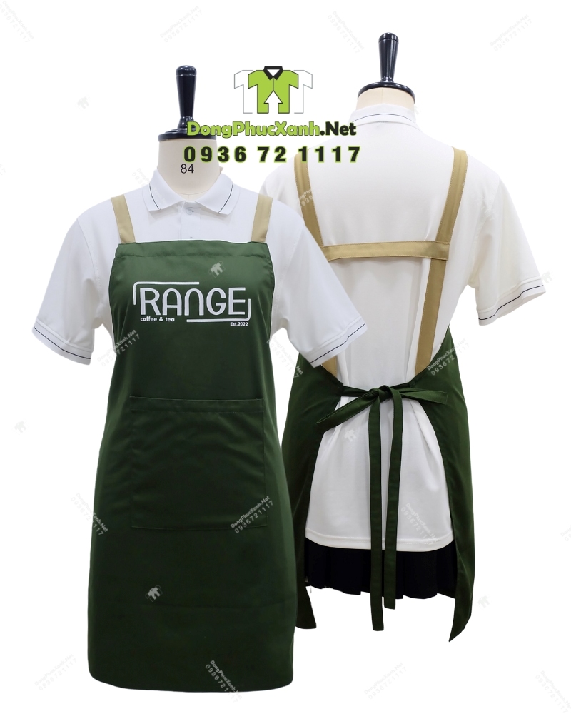 Tạp dề nhân viên quán cà phê màu xanh rêu gần gũi, in logo Range