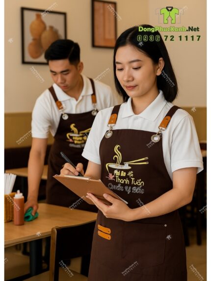 Tạp dề đồng phục dành cho nhân viên quán ăn màu nâu mộc mạc, in logo Phở Bò Thành Tuấn.