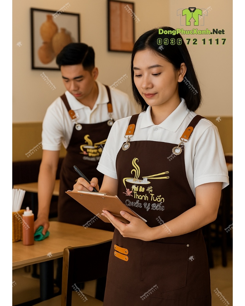 Tạp dề đồng phục dành cho nhân viên quán ăn in logo Phở Bò Thành Tuấn.(1) Tạp dề đồng phục dành cho nhân viên quán ăn màu nâu mộc mạc, in logo Phở Bò Thành Tuấn.