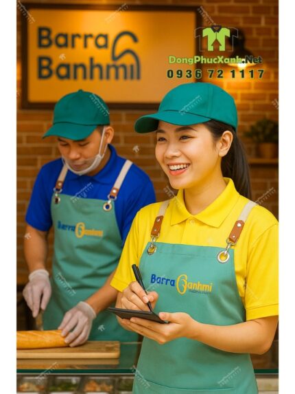 Tạp dề đồng phục màu xanh ngọc bắt mắt, in logo Barra Banhmi.