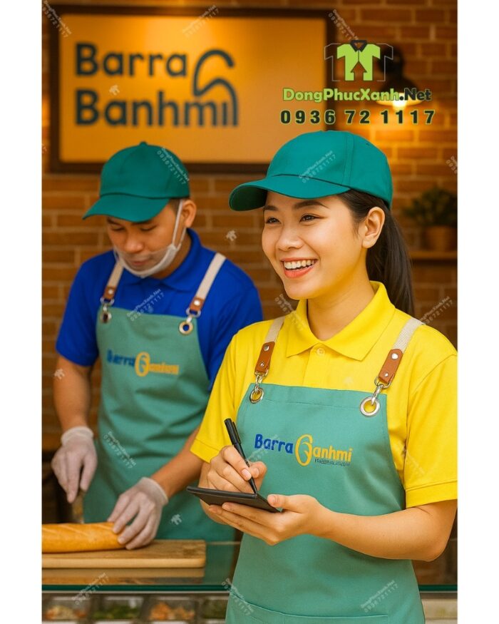 Tạp dề đồng phục màu xanh ngọc bắt mắt, in logo Barra Banhmi.