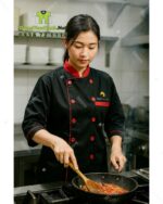 Áo bếp đồng phục màu đen phối viền đỏ nổi bật, thiết kế tay lửng, in logo Rock Water Bay
