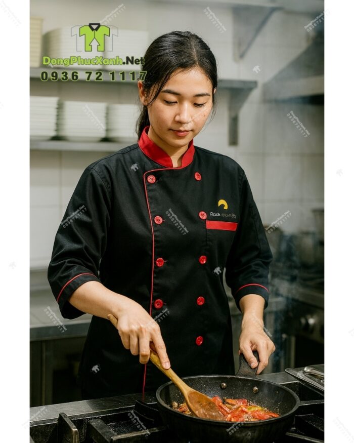 Áo bếp đồng phục màu đen phối viền đỏ nổi bật, thiết kế tay lửng, in logo Rock Water Bay