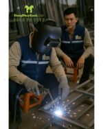 Áo gile vải kaki 65/35 phối lưới màu xanh dương in logo Sắt Mỹ Thuật Quốc Khanh Nguyễn