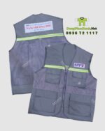 Áo gile kỹ sư màu xám phối lưới phản quang in logo NTP trước và sau áo