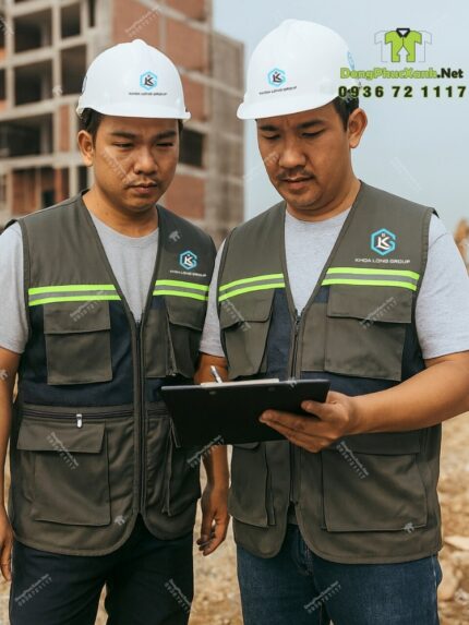 Áo gile kỹ sư màu xám phối lưới, in logo Khoa Long Group rõ nét