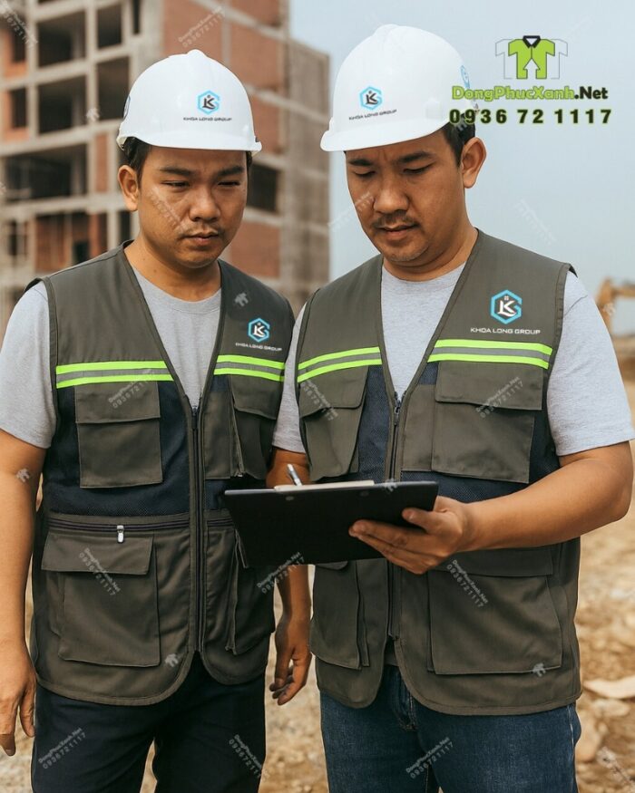 Áo gile kỹ sư màu xám phối lưới, in logo Khoa Long Group rõ nét
