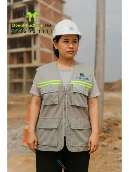 Áo gile kỹ sư màu xám, vải kaki 65 phối lưới, in logo Phúc Hưng, phản quang nổi bật