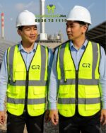 Áo gile phản quang vàng, in logo CIR, có túi hộp và khóa kéo tiện dụng
