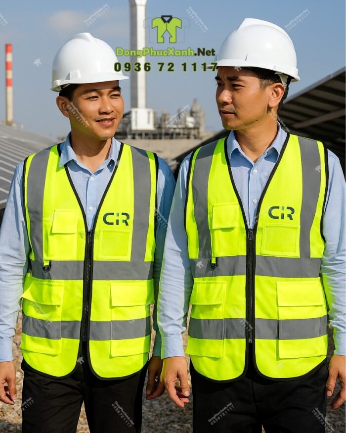 Áo gile phản quang vàng, in logo CIR, có túi hộp và khóa kéo tiện dụng