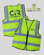 Áo gile phản quang vàng, in logo CIR, có túi hộp và khóa kéo tiện dụng