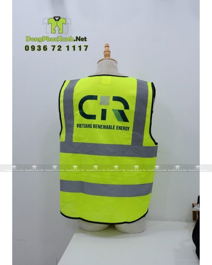Áo gile phản quang vàng, in logo CIR, có túi hộp và khóa kéo tiện dụng