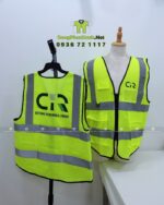 Áo gile phản quang vàng, in logo CIR, có túi hộp và khóa kéo tiện dụng
