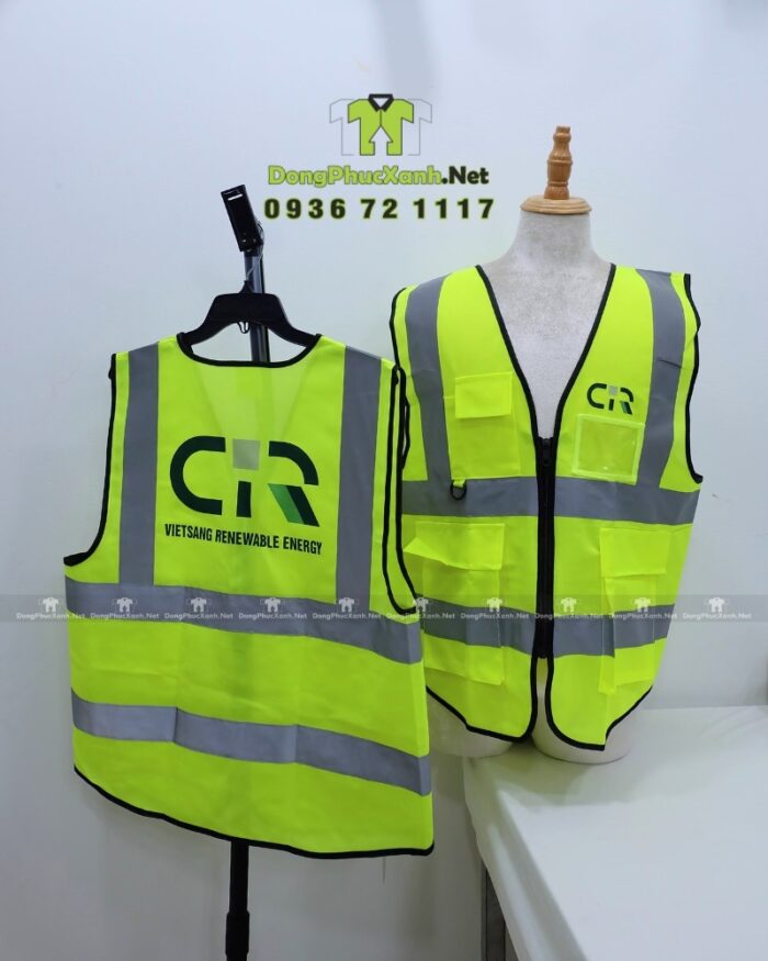 Áo gile phản quang vàng, in logo CIR, có túi hộp và khóa kéo tiện dụng