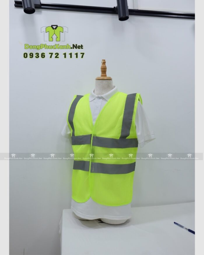 Áo gile phản quang màu vàng chanh chất liệu vải lưới in logo GMT nổi bật