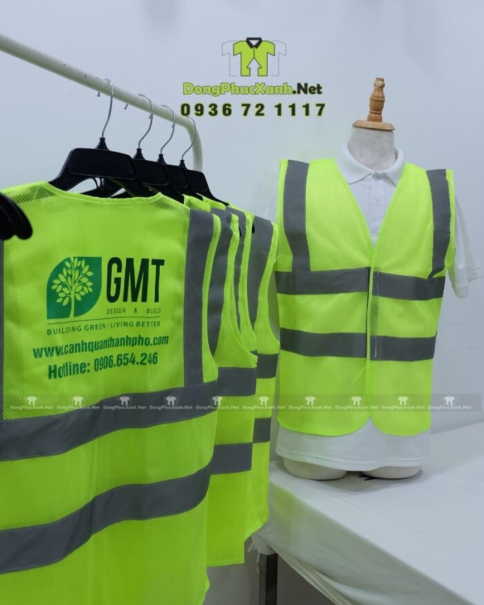 Áo gile phản quang màu vàng chanh chất liệu vải lưới in logo GMT nổi bật