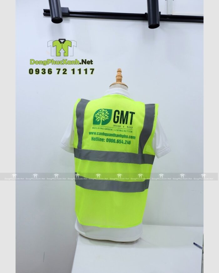Áo gile phản quang màu vàng chanh chất liệu vải lưới in logo GMT nổi bật