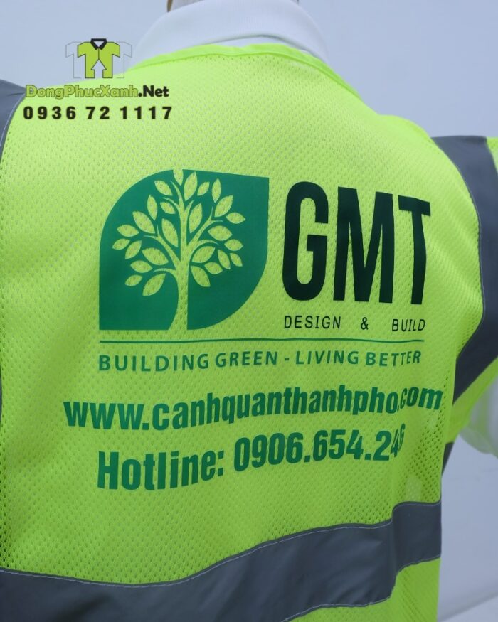 Áo gile phản quang màu vàng chanh chất liệu vải lưới in logo GMT nổi bật