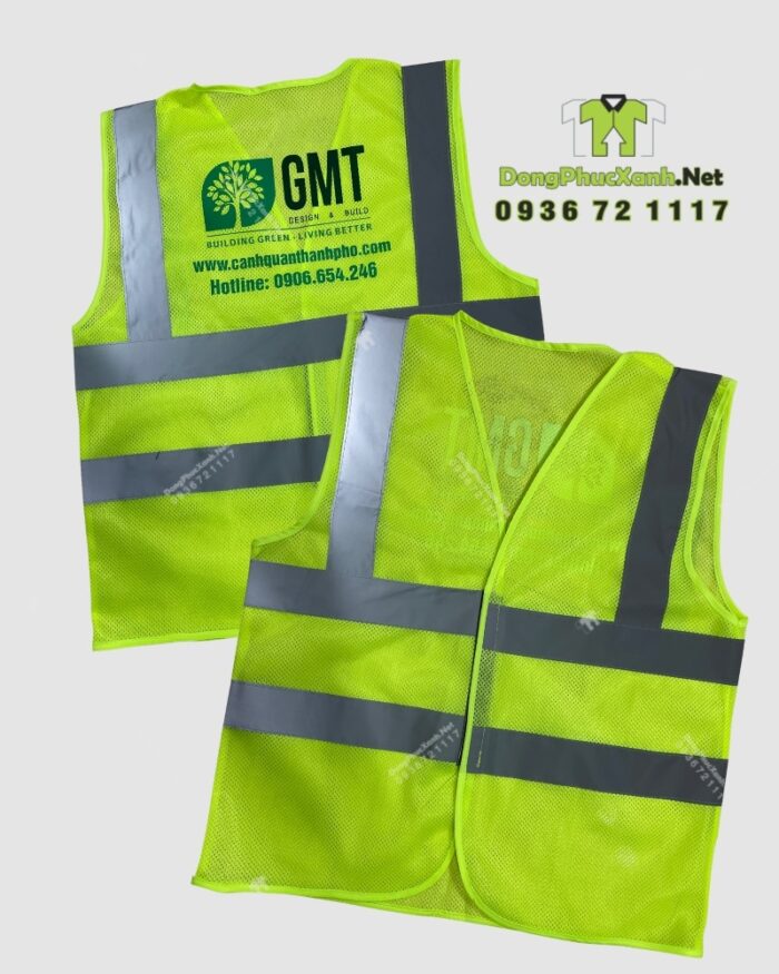 Áo gile phản quang màu vàng chanh chất liệu vải lưới in logo GMT nổi bật