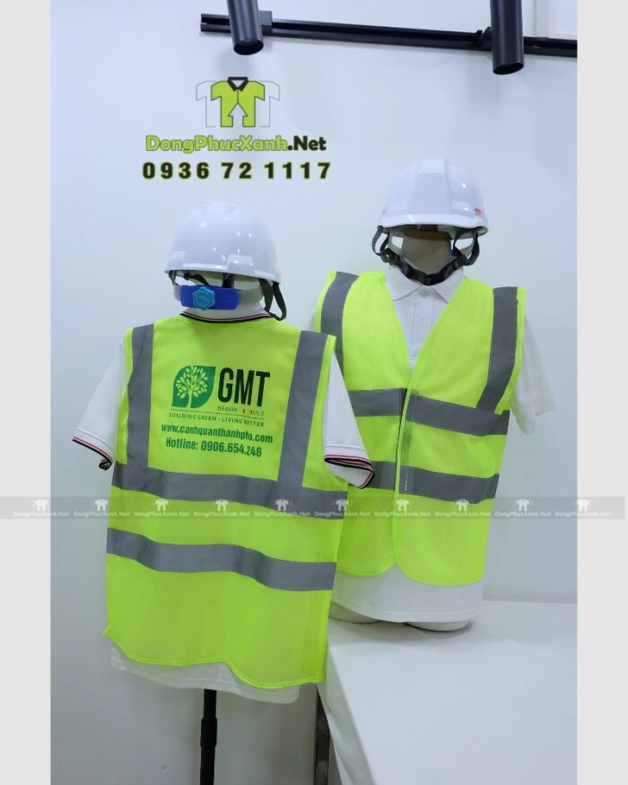 Áo gile phản quang màu vàng chanh chất liệu vải lưới in logo GMT nổi bật