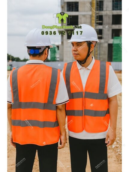 Áo gile phản quang màu cam nổi bật, có dải phản quang an toàn, in logo VACONS chuyên nghiệp