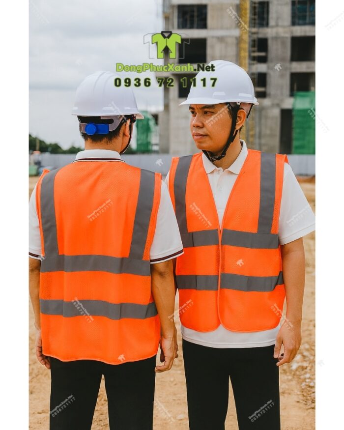 Áo gile phản quang màu cam nổi bật, có dải phản quang an toàn, in logo VACONS chuyên nghiệp