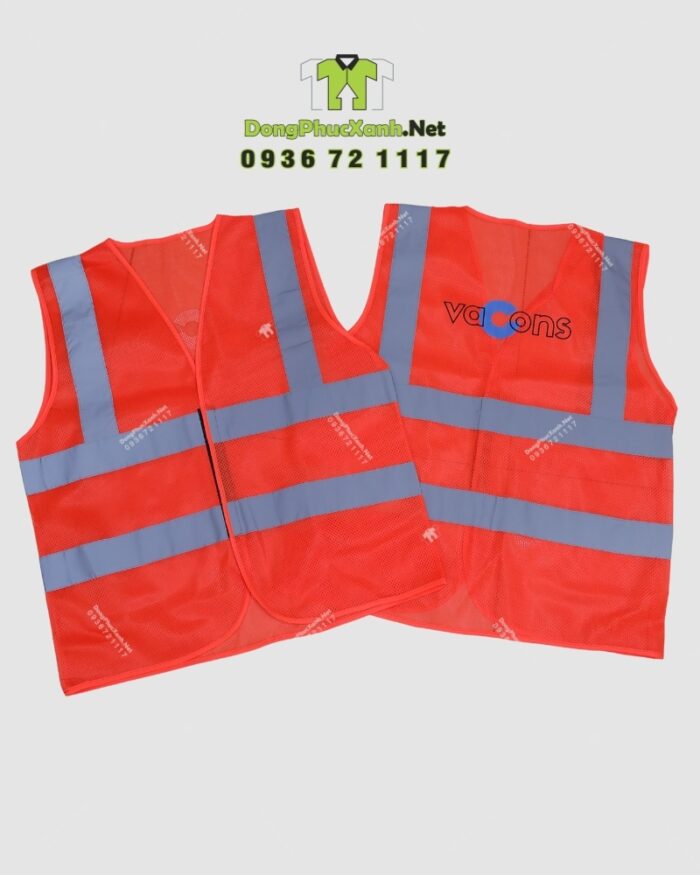 Áo gile phản quang màu cam nổi bật, có dải phản quang an toàn, in logo VACONS chuyên nghiệp
