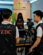 Áo gile dù gió màu đen in logo VEDC mặt trước và mặt sau
