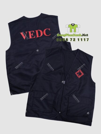 Áo gile dù gió màu đen in logo VEDC mặt trước và mặt sau