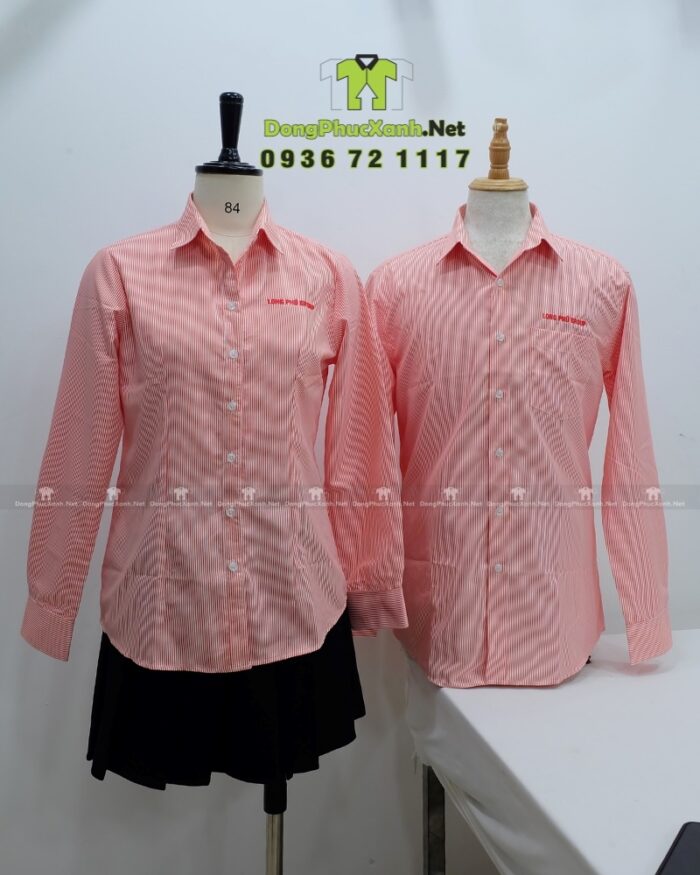 Áo sơ mi đồng phục vải kate sọc, màu hồng nhạt, thêu logo Long Phú Group