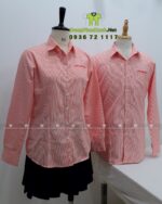 Áo sơ mi đồng phục vải kate sọc, màu hồng nhạt, thêu logo Long Phú Group