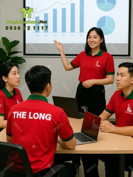 Áo thun đồng phục The Long Coffee cổ trụ màu đỏ nổi bật