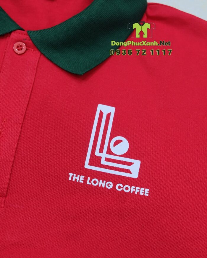 Áo thun đồng phục The Long Coffee cổ trụ màu đỏ nổi bật