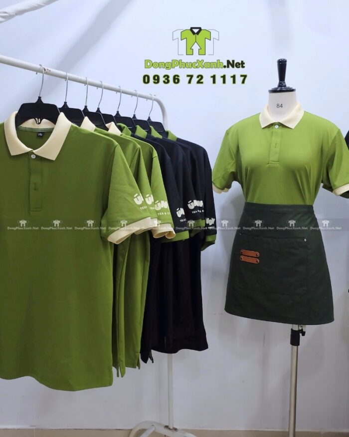 Áo thun đồng phục quán trà sữa Ún Đy, chất cá sấu poly, thiết kế thoải mái, in logo nổi bật