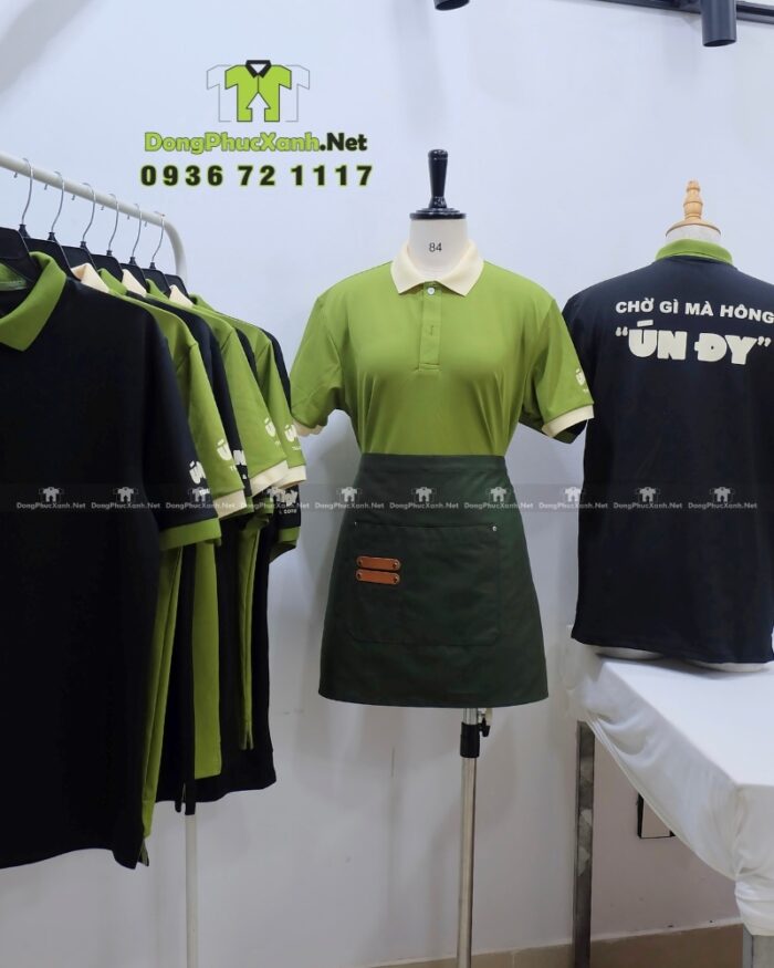 Áo thun đồng phục quán trà sữa Ún Đy, chất cá sấu poly, thiết kế thoải mái, in logo nổi bật